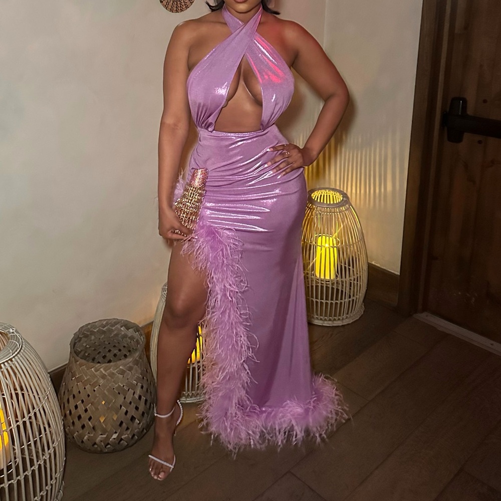 Lavender Halter Neck Gown with Feather Detail